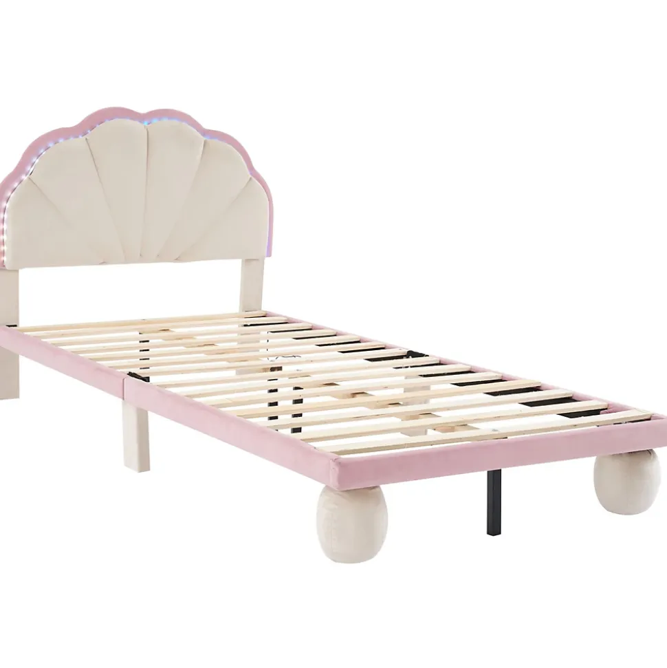 Lit enfant 90x200 cm - Lit Simple avec LED Multicolores, Pieds Ronds Capitonnés, Velours, Sans Matelas - Beige et Rose