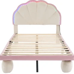 Lit enfant 90x200 cm - Lit Simple avec LED Multicolores, Pieds Ronds Capitonnés, Velours, Sans Matelas - Beige et Rose