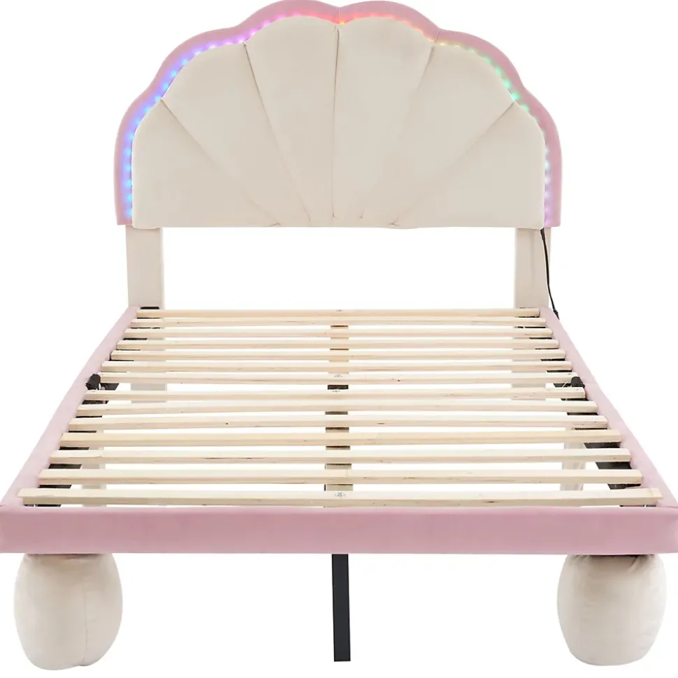 Lit enfant 90x200 cm - Lit Simple avec LED Multicolores, Pieds Ronds Capitonnés, Velours, Sans Matelas - Beige et Rose