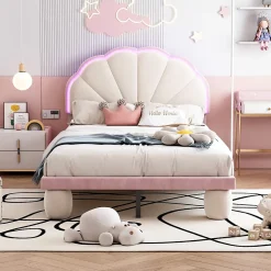 Lit enfant 90x200 cm - Lit Simple avec LED Multicolores, Pieds Ronds Capitonnés, Velours, Sans Matelas - Beige et Rose
