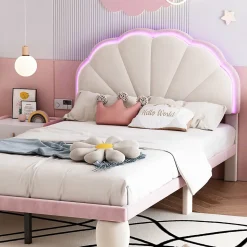 Lit enfant 90x200 cm - Lit Simple avec LED Multicolores, Pieds Ronds Capitonnés, Velours, Sans Matelas - Beige et Rose