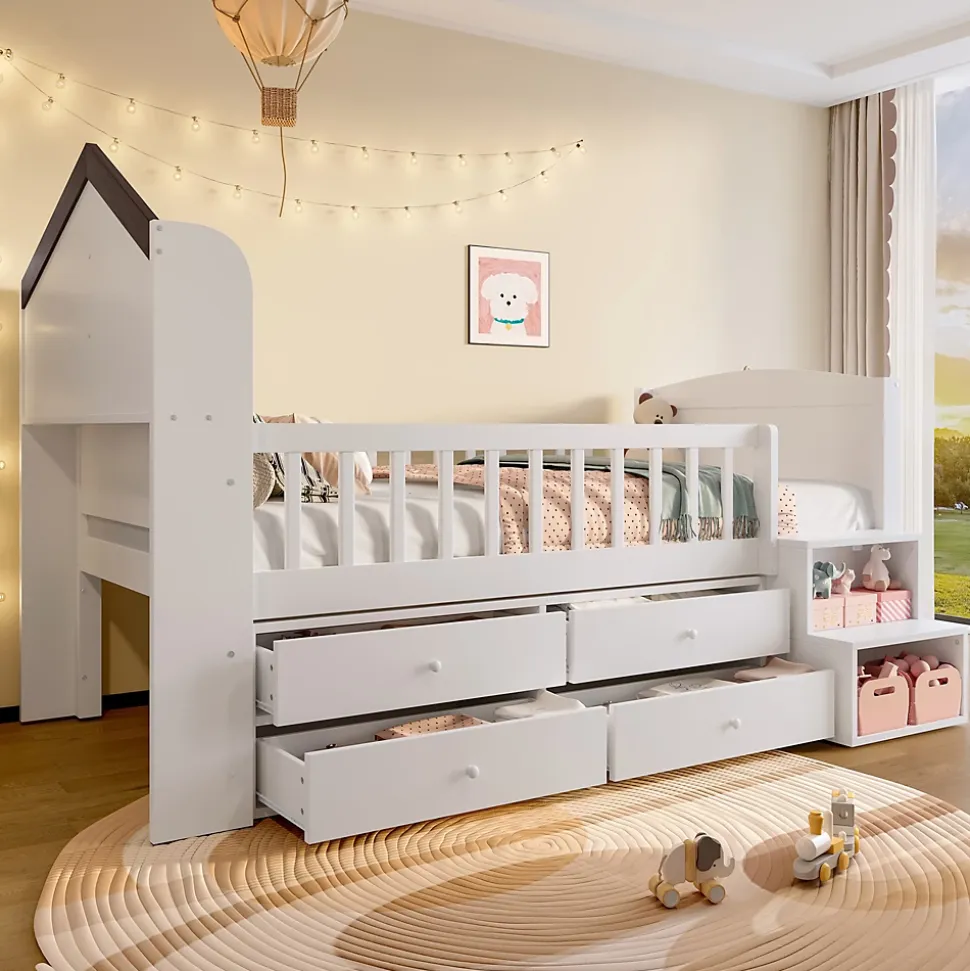 Lit enfant 90x200 cm - Lit simple Mi-Hauteur avec Cabane, Fenêtre, Tiroirs de Rangement et Éclairage LED - Bois MDF - Blanc