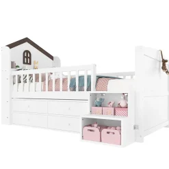 Lit enfant 90x200 cm - Lit simple Mi-Hauteur avec Cabane, Fenêtre, Tiroirs de Rangement et Éclairage LED - Bois MDF - Blanc