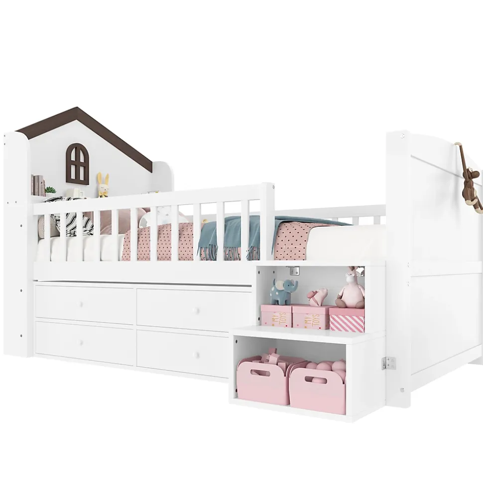 Lit enfant 90x200 cm - Lit simple Mi-Hauteur avec Cabane, Fenêtre, Tiroirs de Rangement et Éclairage LED - Bois MDF - Blanc