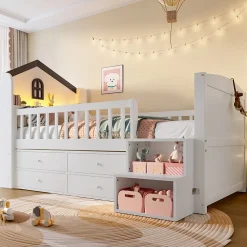 Lit enfant 90x200 cm - Lit simple Mi-Hauteur avec Cabane, Fenêtre, Tiroirs de Rangement et Éclairage LED - Bois MDF - Blanc