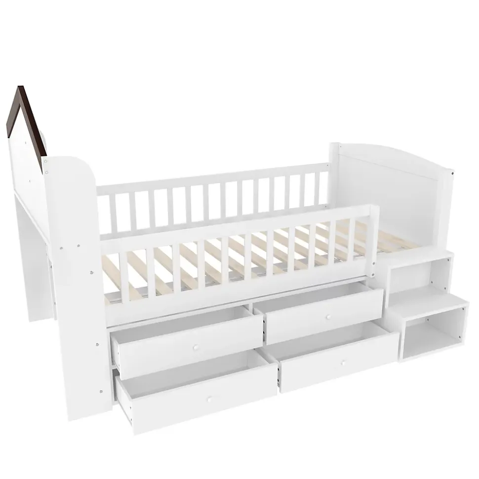 Lit enfant 90x200 cm - Lit simple Mi-Hauteur avec Cabane, Fenêtre, Tiroirs de Rangement et Éclairage LED - Bois MDF - Blanc