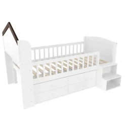 Lit enfant 90x200 cm - Lit simple Mi-Hauteur avec Cabane, Fenêtre, Tiroirs de Rangement et Éclairage LED - Bois MDF - Blanc