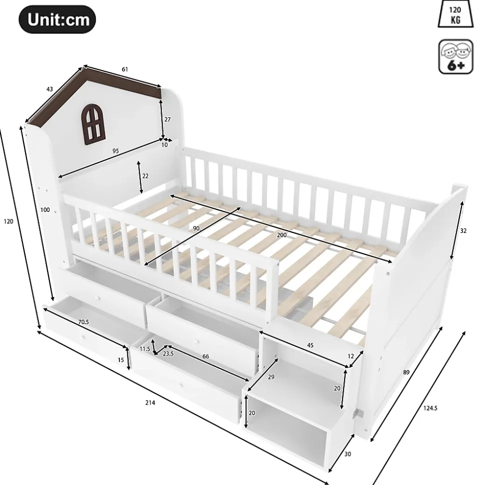 Lit enfant 90x200 cm - Lit simple Mi-Hauteur avec Cabane, Fenêtre, Tiroirs de Rangement et Éclairage LED - Bois MDF - Blanc