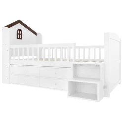 Lit enfant 90x200 cm - Lit simple Mi-Hauteur avec Cabane, Fenêtre, Tiroirs de Rangement et Éclairage LED - Bois MDF - Blanc