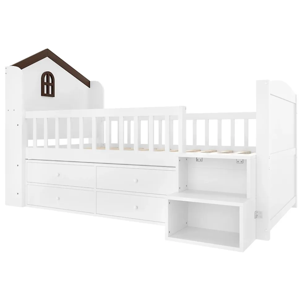 Lit enfant 90x200 cm - Lit simple Mi-Hauteur avec Cabane, Fenêtre, Tiroirs de Rangement et Éclairage LED - Bois MDF - Blanc