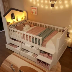 Lit enfant 90x200 cm - Lit simple Mi-Hauteur avec Cabane, Fenêtre, Tiroirs de Rangement et Éclairage LED - Bois MDF - Blanc
