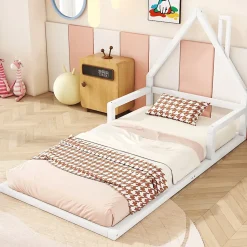 Lit enfant 90x200 cm - Lit Simple en Pin Massif et MDF, Structure Solide avec 7 Lattes, Sans Matelas, Blanche