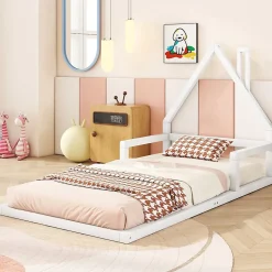 Lit enfant 90x200 cm - Lit Simple en Pin Massif et MDF, Structure Solide avec 7 Lattes, Sans Matelas, Blanche