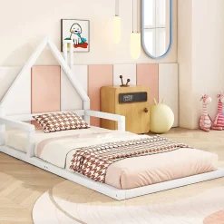 Lit enfant 90x200 cm - Lit Simple en Pin Massif et MDF, Structure Solide avec 7 Lattes, Sans Matelas, Blanche