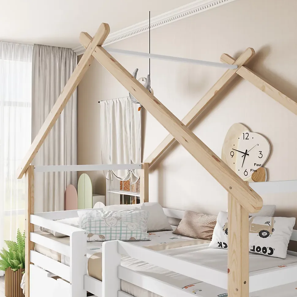 Lit enfant 90x200 cm - Lit Simple Cabane avec Escalier et 2 Rangements, Sans Matelas - Pin Blanc et Naturel