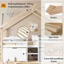 Lit enfant 90x200 cm - Lit Simple Cabane avec Escalier et 2 Rangements, Sans Matelas - Pin Blanc et Naturel
