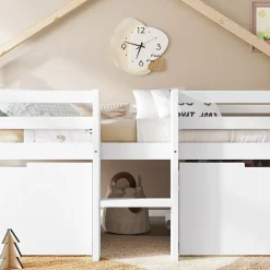 Lit enfant 90x200 cm - Lit Simple Cabane avec Escalier et 2 Rangements, Sans Matelas - Pin Blanc et Naturel