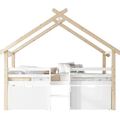 Lit enfant 90x200 cm - Lit Simple Cabane avec Escalier et 2 Rangements, Sans Matelas - Pin Blanc et Naturel