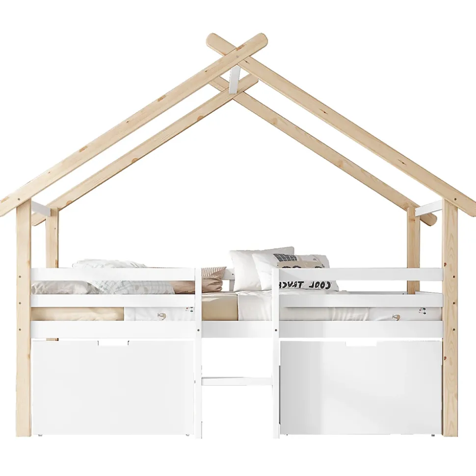 Lit enfant 90x200 cm - Lit Simple Cabane avec Escalier et 2 Rangements, Sans Matelas - Pin Blanc et Naturel