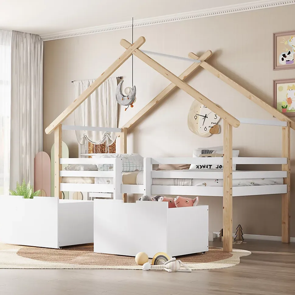 Lit enfant 90x200 cm - Lit Simple Cabane avec Escalier et 2 Rangements, Sans Matelas - Pin Blanc et Naturel