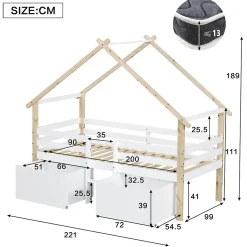 Lit enfant 90x200 cm - Lit Simple Cabane avec Escalier et 2 Rangements, Sans Matelas - Pin Blanc et Naturel