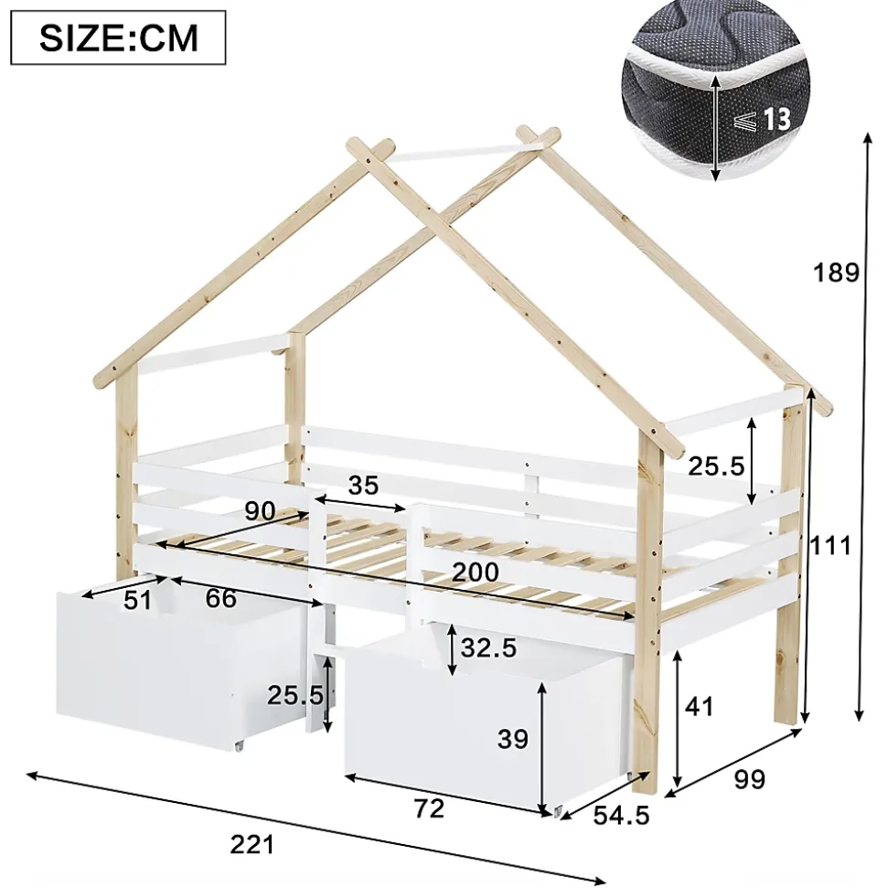 Lit enfant 90x200 cm - Lit Simple Cabane avec Escalier et 2 Rangements, Sans Matelas - Pin Blanc et Naturel