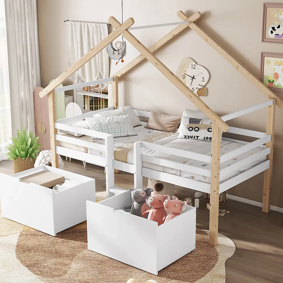 Lit enfant 90x200 cm - Lit Simple Cabane avec Escalier et 2 Rangements, Sans Matelas - Pin Blanc et Naturel