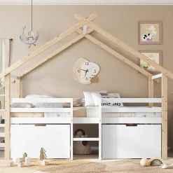 Lit enfant 90x200 cm - Lit Simple Cabane avec Escalier et 2 Rangements, Sans Matelas - Pin Blanc et Naturel