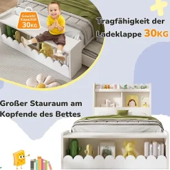 Lit enfant 90x190 cm - Lit Simple avec 2 Tiroirs, Étagère et Banc, Bois Massif et MDF, Sans Matelas - Blanc et Chêne Votan