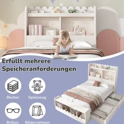 Lit enfant 90x190 cm - Lit Simple avec 2 Tiroirs, Étagère et Banc, Bois Massif et MDF, Sans Matelas - Blanc et Chêne Votan