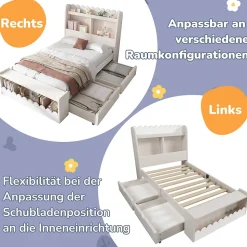 Lit enfant 90x190 cm - Lit Simple avec 2 Tiroirs, Étagère et Banc, Bois Massif et MDF, Sans Matelas - Blanc et Chêne Votan