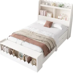 Lit enfant 90x190 cm - Lit Simple avec 2 Tiroirs, Étagère et Banc, Bois Massif et MDF, Sans Matelas - Blanc et Chêne Votan