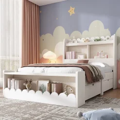 Lit enfant 90x200 cm - Lit Simple avec Tiroirs et Étagère, Sans Matelas, Bois Massif et MDF, Blanc Chêne Votan