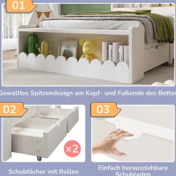 Lit enfant 90x200 cm - Lit Simple avec Tiroirs et Étagère, Sans Matelas, Bois Massif et MDF, Blanc Chêne Votan