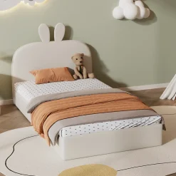 Lit enfant 90x200 cm - Lit Simple avec Tête Capitonnée, design Lapin, Sans Matelas - Velours Beige