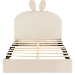Lit enfant 90x200 cm - Lit Simple avec Tête Capitonnée, design Lapin, Sans Matelas - Velours Beige