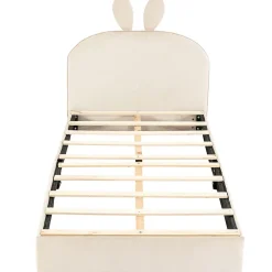 Lit enfant 90x200 cm - Lit Simple avec Tête Capitonnée, design Lapin, Sans Matelas - Velours Beige