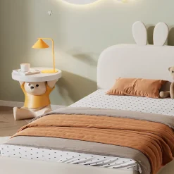 Lit enfant 90x200 cm - Lit Simple avec Tête Capitonnée, design Lapin, Sans Matelas - Velours Beige