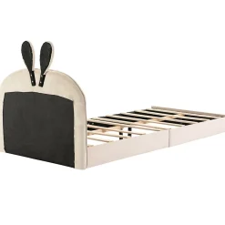 Lit enfant 90x200 cm - Lit Simple avec Tête Capitonnée, design Lapin, Sans Matelas - Velours Beige