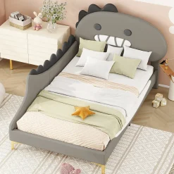 Lit enfant 90x200 cm - Lit Simple Dinosaure avec Tête de Lit Décorative - PU et MDF - Gris - Sans Matelas