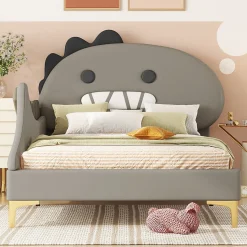 Lit enfant 90x200 cm - Lit Simple Dinosaure avec Tête de Lit Décorative - PU et MDF - Gris - Sans Matelas