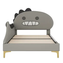Lit enfant 90x200 cm - Lit Simple Dinosaure avec Tête de Lit Décorative - PU et MDF - Gris - Sans Matelas