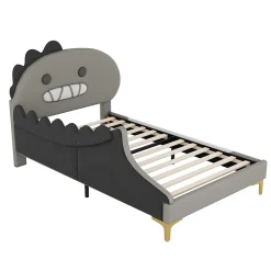 Lit enfant 90x200 cm - Lit Simple Dinosaure avec Tête de Lit Décorative - PU et MDF - Gris - Sans Matelas