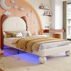 Lit enfant 90x200 cm - Lit Tête de Chat avec LED intégrée - PU - Sans matelas - Beige