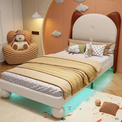 Lit enfant 90x200 cm - Lit Tête de Chat avec LED intégrée - PU - Sans matelas - Beige