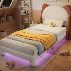 Lit enfant 90x200 cm - Lit Tête de Chat avec LED intégrée - PU - Sans matelas - Beige