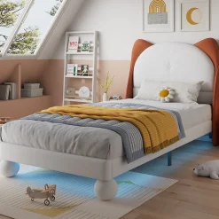 Lit enfant 90x200 cm - Lit Tête de Chat avec LED intégrée - PU - Sans matelas - Beige