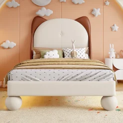 Lit enfant 90x200 cm - Lit Tête de Chat avec LED intégrée - PU - Sans matelas - Beige