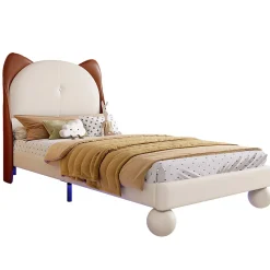 Lit enfant 90x200 cm - Lit Tête de Chat avec LED intégrée - PU - Sans matelas - Beige