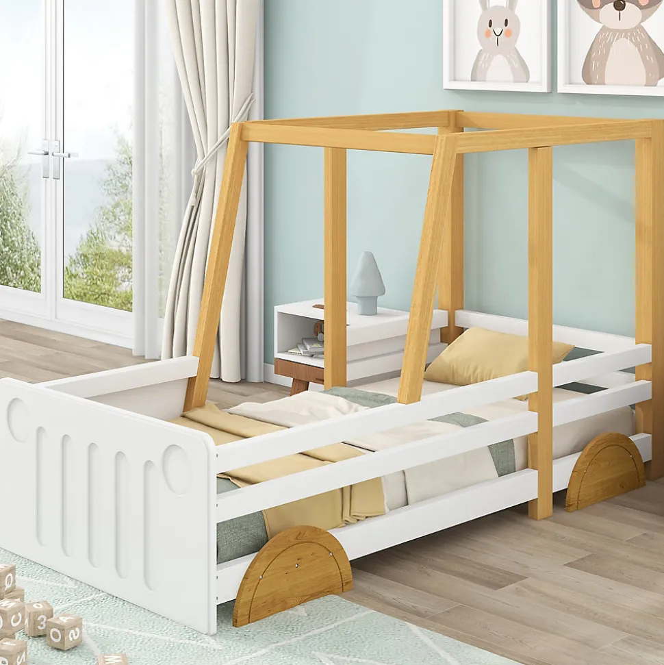 Lit enfant 90x200 cm - Lit Voiture Thématique avec Roulettes Pour enfant - Blanc